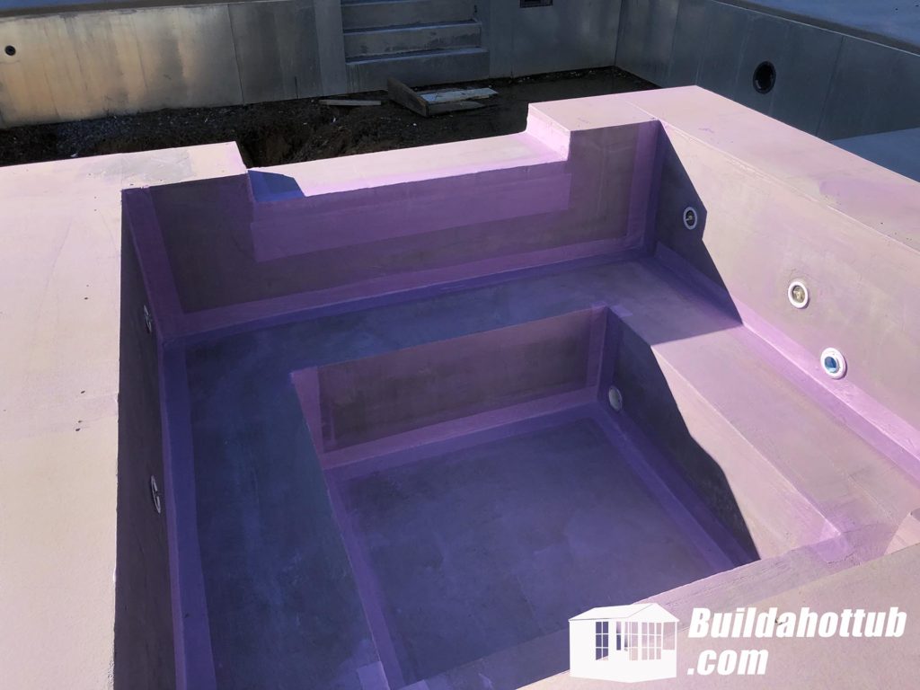 Waterproofed hot tub shell with seats formed