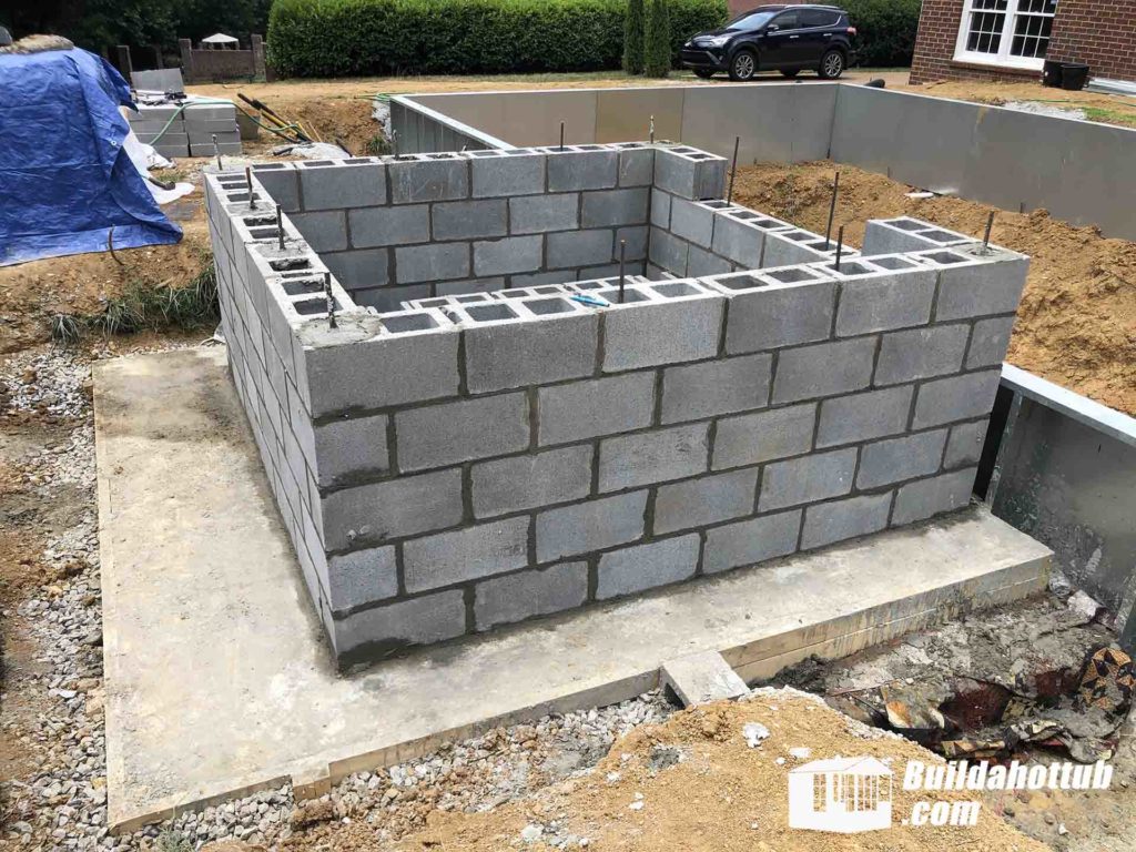 Blockwork shell of Danny's hot tub next to the pool
