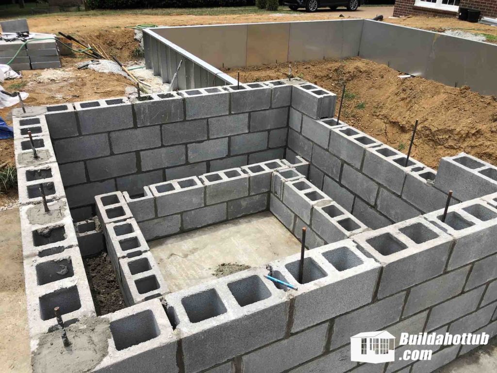 Hot tub blockwork walls and seat structure