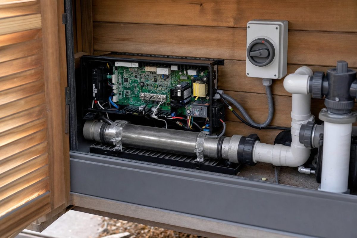 Hot tub spa pack with its cover off in an equipment bay, next to an outdoor isolator switch