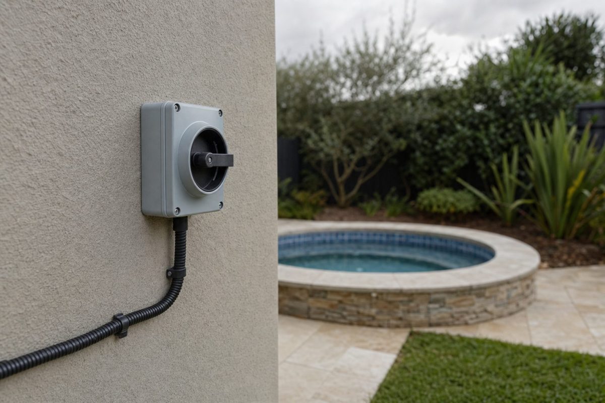Outdoor rotary isolator switch and armoured cable on a garden wall beside a DIY hot tub