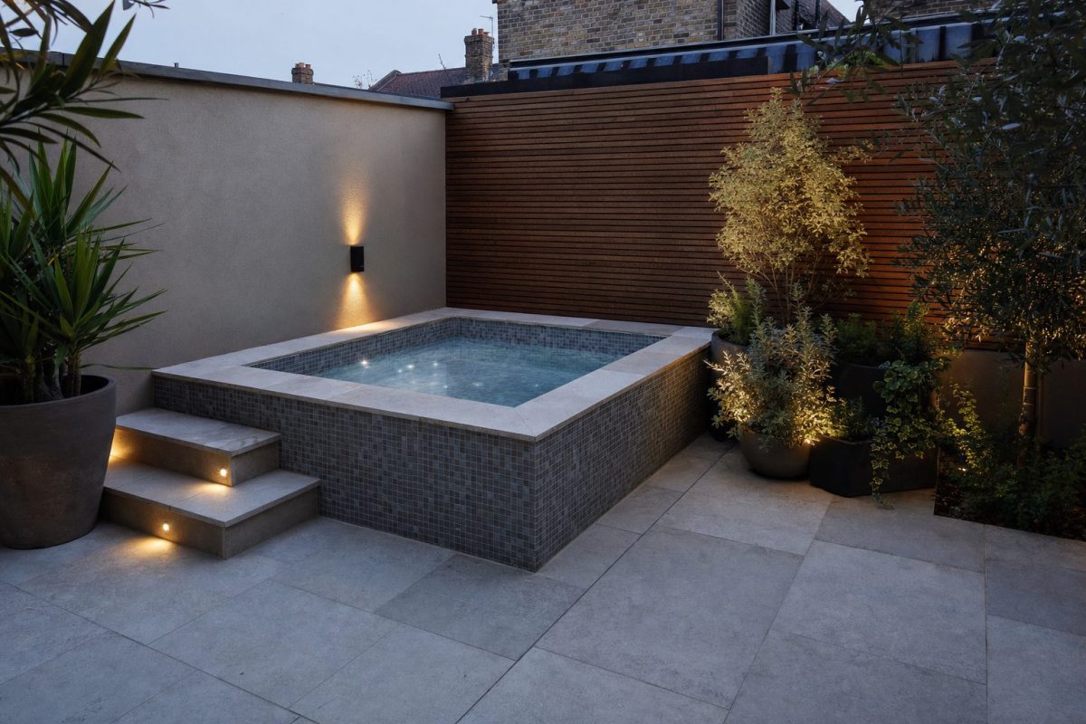 Compact tiled DIY hot tub built into the corner of a small walled garden patio