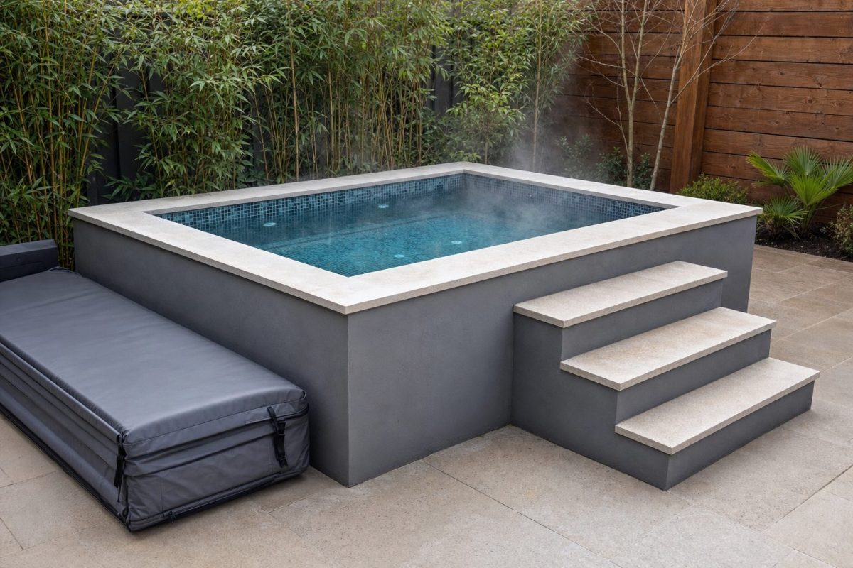 DIY above ground hot tub built from rendered blockwork with stone coping and steps in a back garden