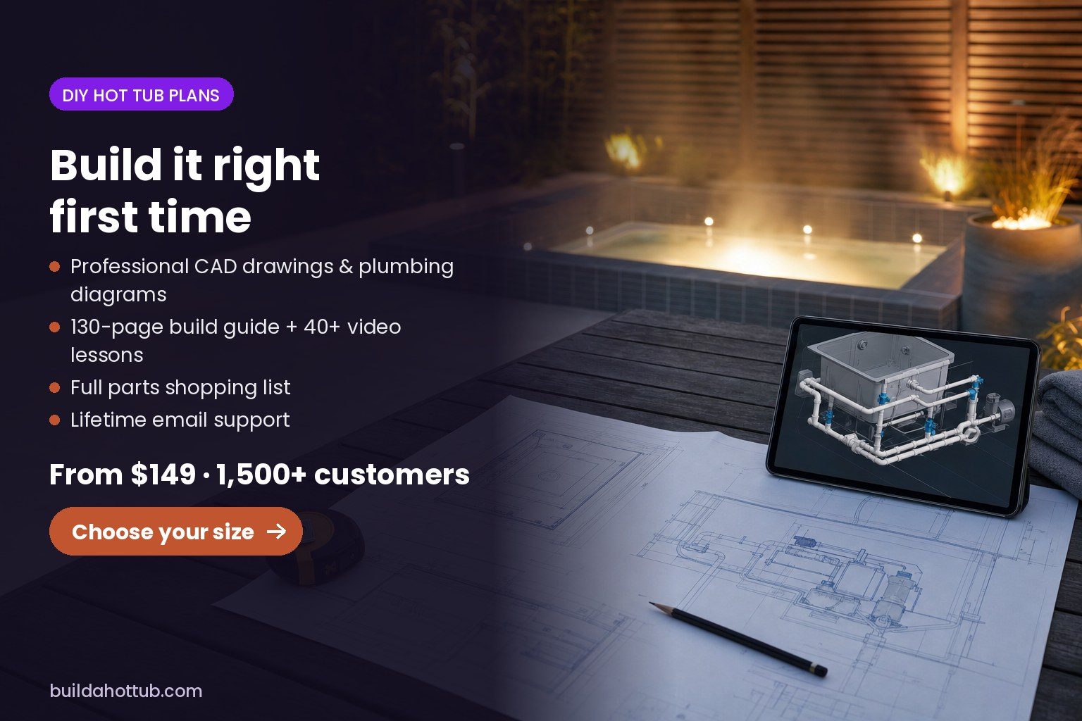 DIY hot tub plans with CAD drawings, plumbing diagrams, build guide and video course