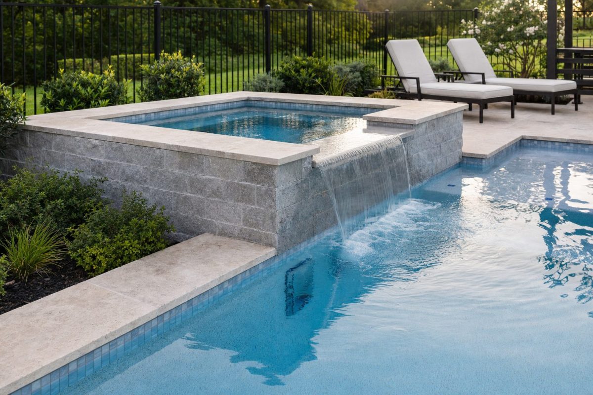 Raised stone-clad hot tub spilling a sheet of water into an existing swimming pool