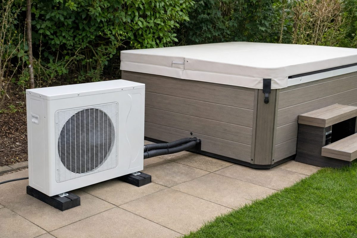 Air source heat pump beside a hot tub with insulated pipework running into the cabinet