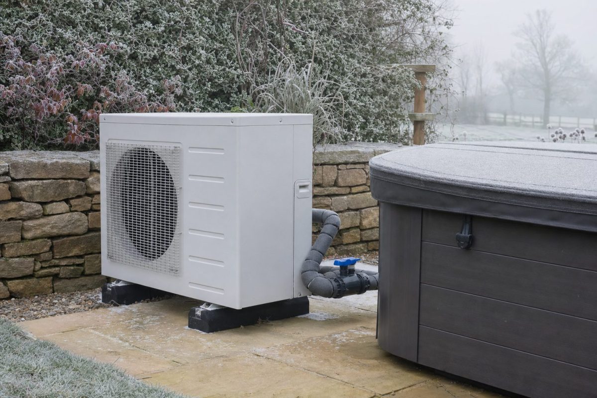 Air source heat pump beside a frosty hot tub with insulated pipework and a gate valve visible