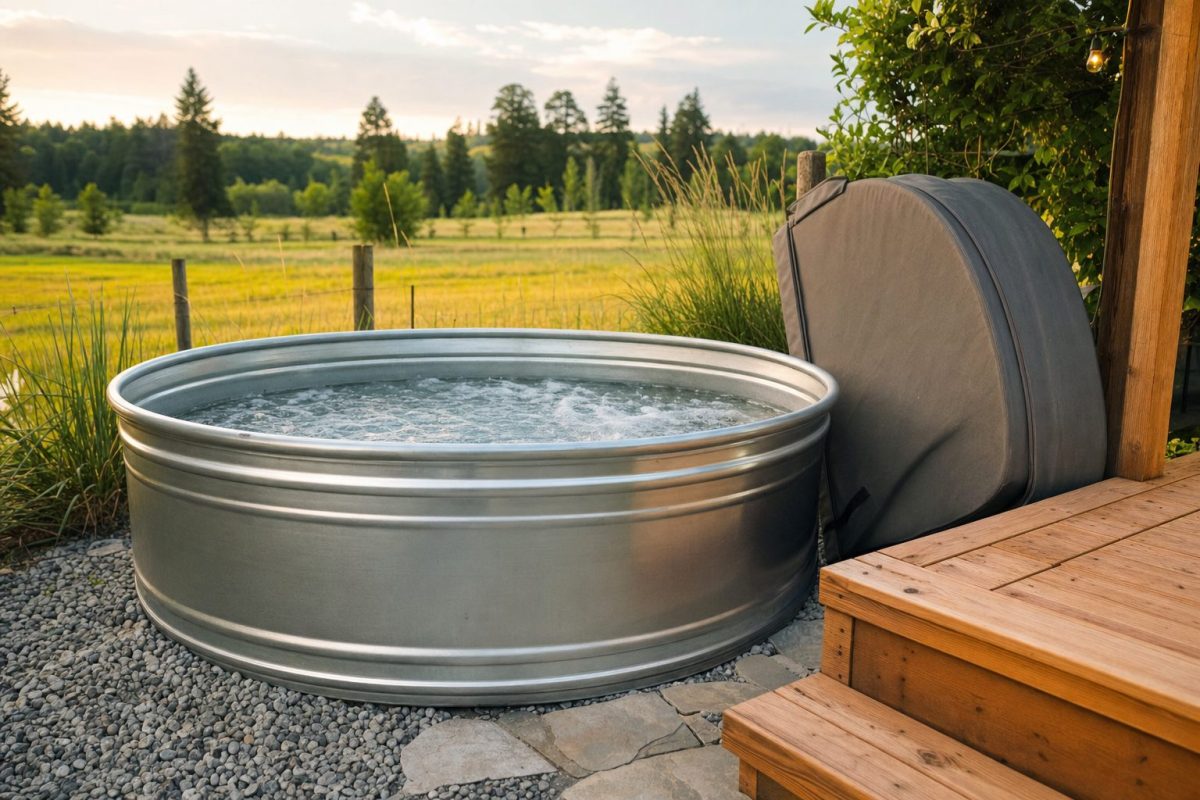 Galvanised stock tank hot tub on a gravel pad in a backyard, surrounded by timber decking