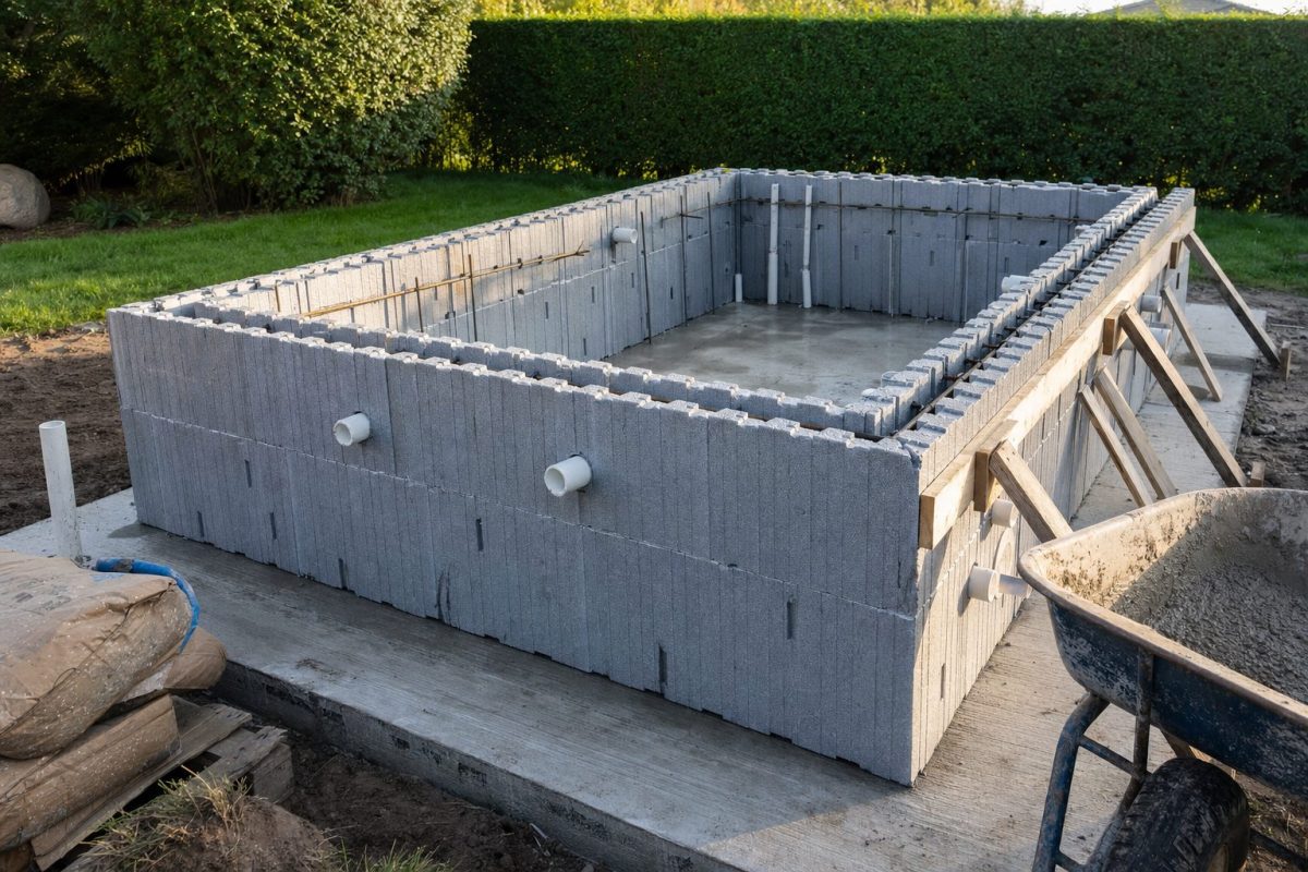 DIY hot tub walls being built from insulated concrete forms as an alternative to gunite