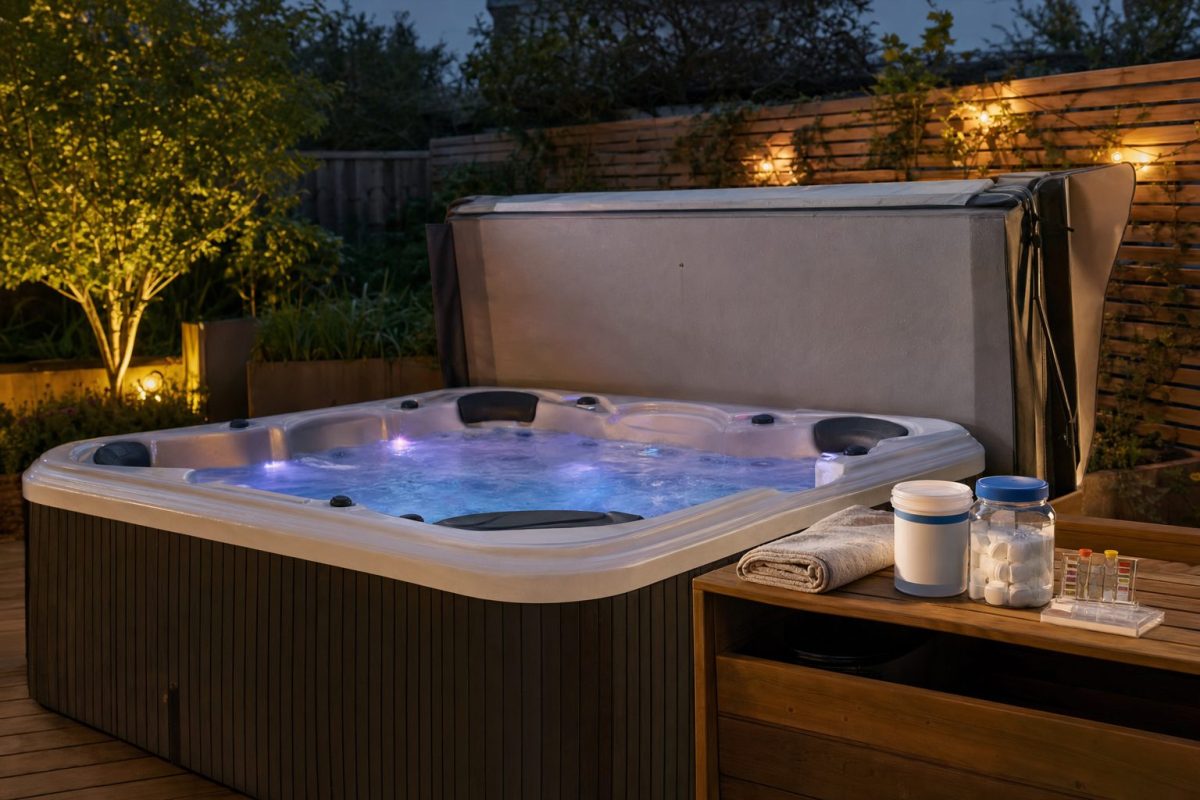 Hot tub water treatment products on a shelf beside a garden hot tub at dusk