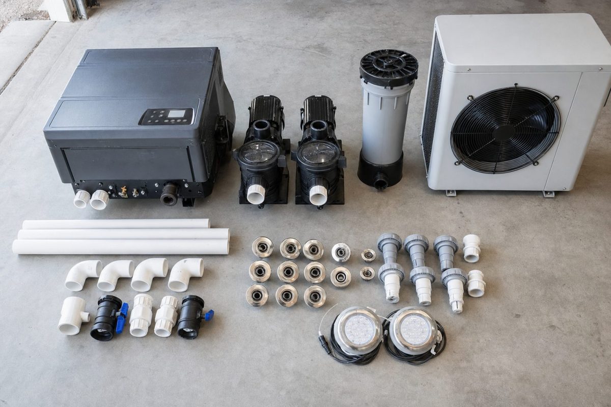 DIY hot tub parts laid out ready for a build, including spa pack, pumps, filter, PVC pipe, fittings, jets and lights