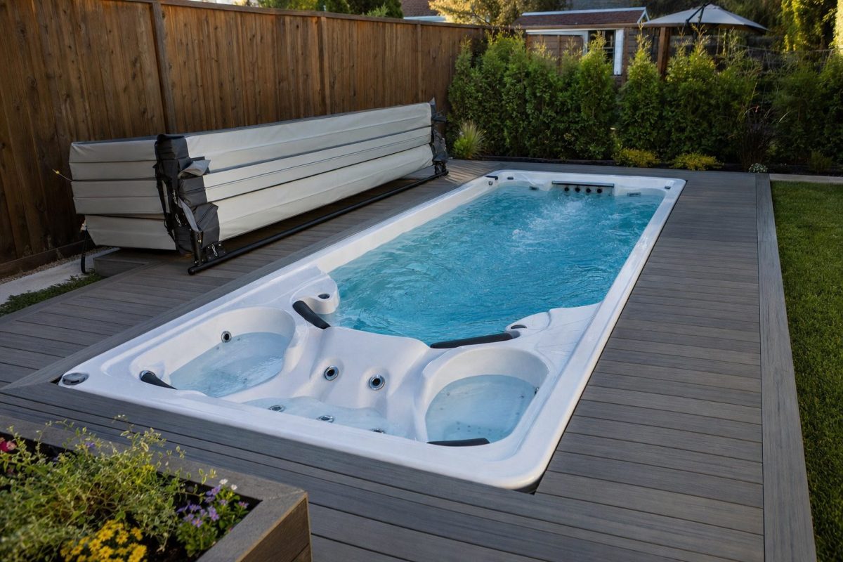 Swim spa set into a timber deck in a back garden, with the swim current area and seating visible