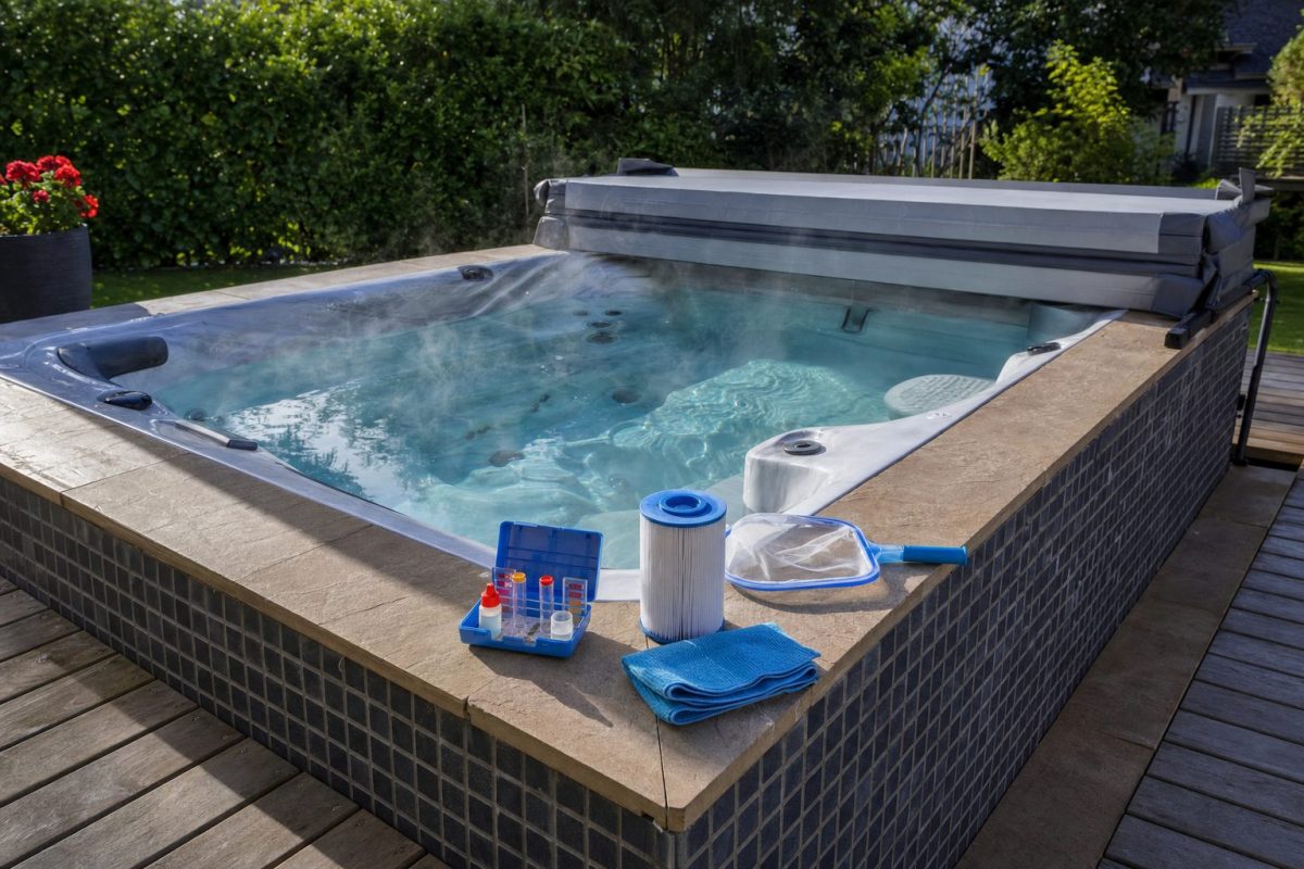 Tidy garden hot tub with the cover folded back, a test kit, filter cartridge and cleaning cloth laid out on the coping