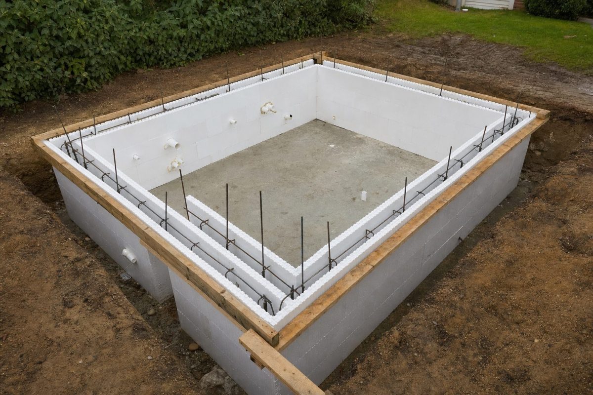 ICF foam blocks stacked into the walls of an in-ground hot tub with rebar in the cores and plumbing through the walls