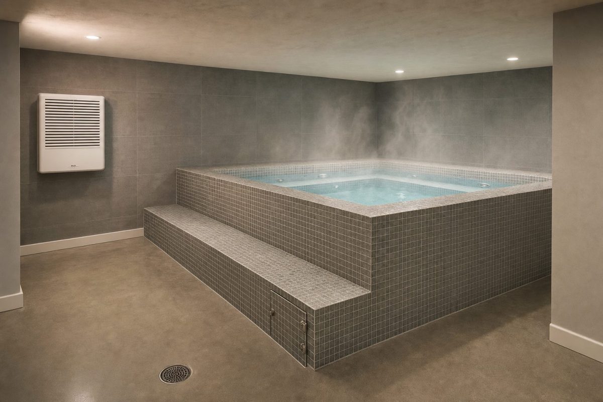 Tiled step-up hot tub in a finished basement with dehumidifier and soft lighting