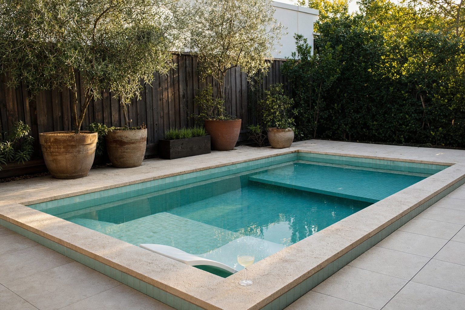 Tiled DIY cocktail pool with a built-in bench and loungers on a patio