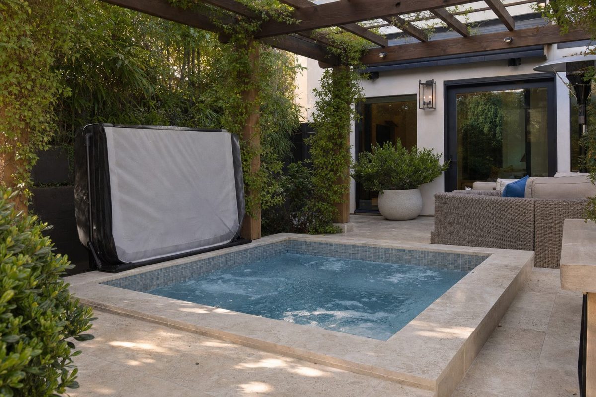 Tiled built-in spa set flush into a stone patio with a timber pergola