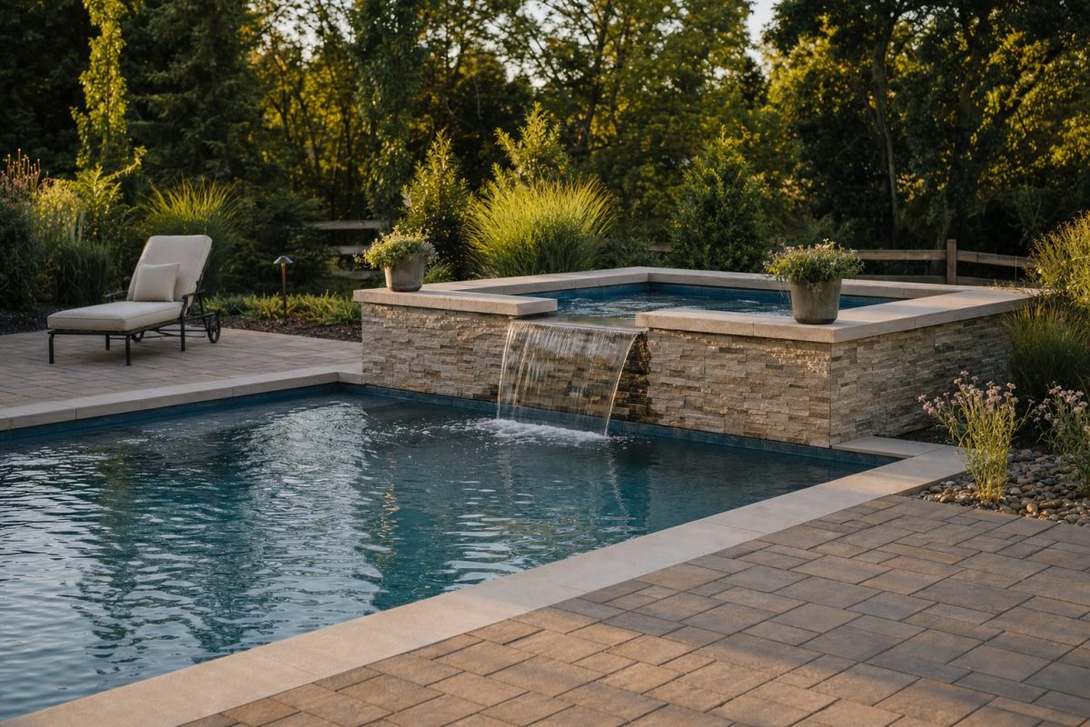 Raised hot tub built into the corner of a swimming pool, overflowing gently into the pool