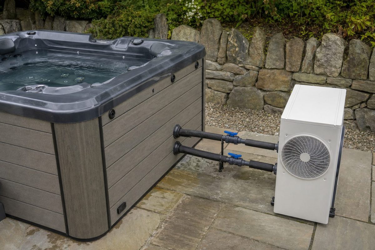 Air source heat pump plumbed into the side of an acrylic hot tub on a patio