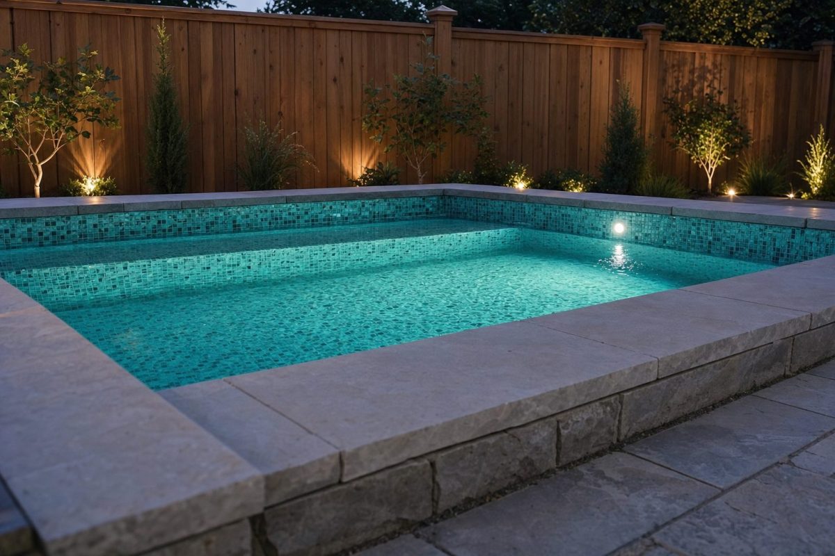 DIY in-ground hot tub lit up at night by a bright underwater pool light