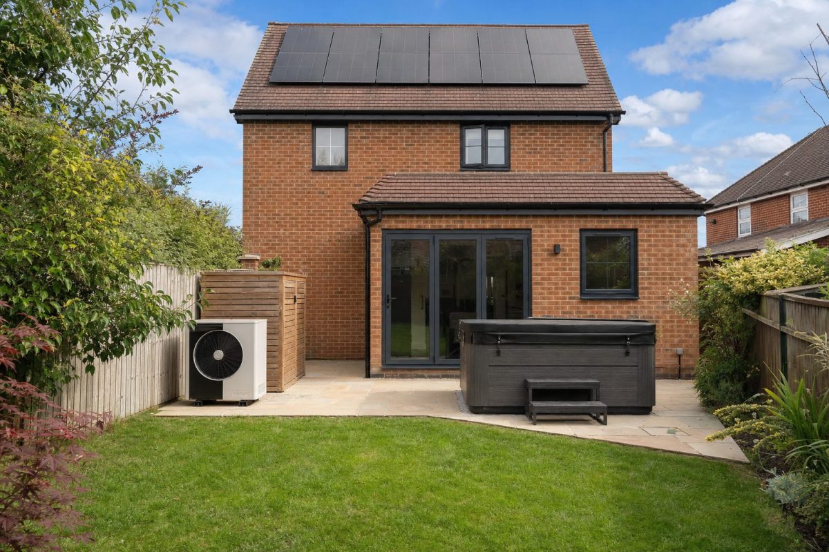 Rooftop solar panels on a house with an outdoor hot tub and air source heat pump in the garden below