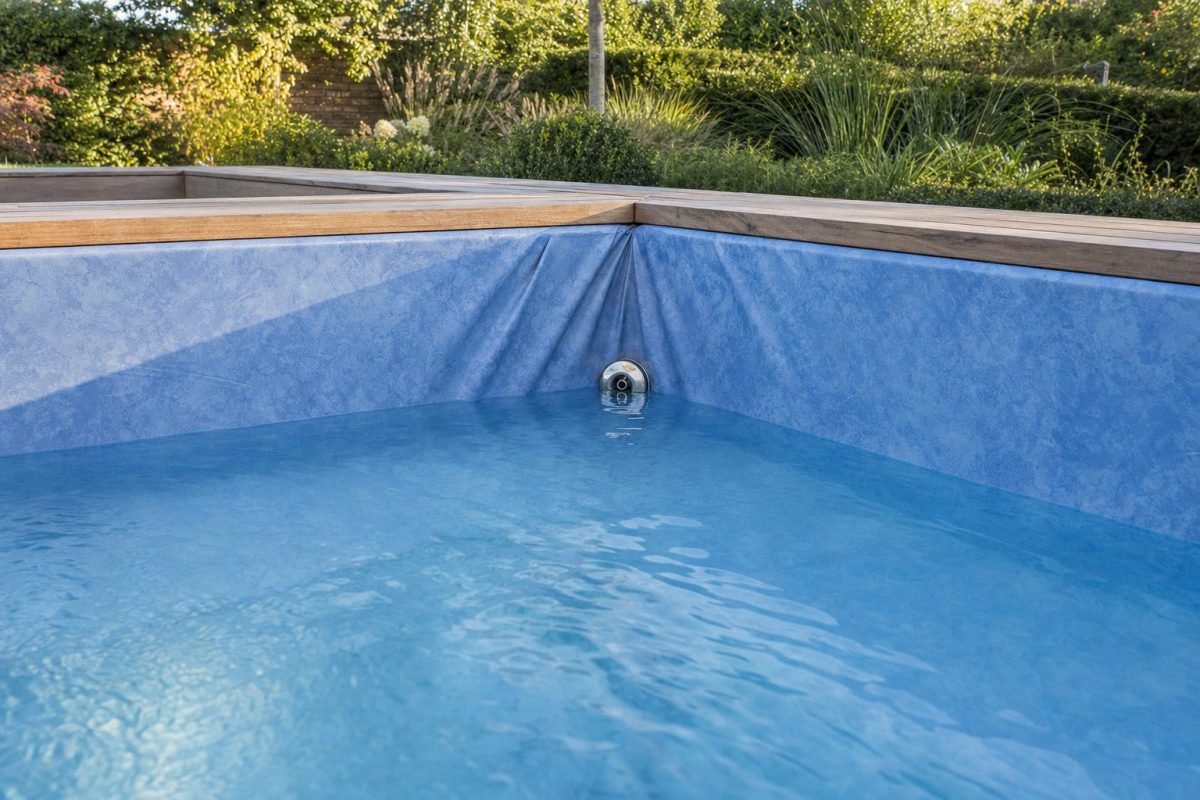Wrinkled blue vinyl liner pulling away around a jet fitting in a DIY hot tub