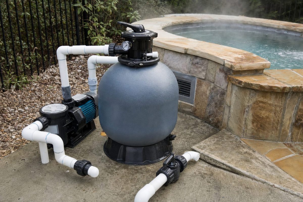 Sand filter with a multiport valve and pressure gauge plumbed into a hot tub equipment area
