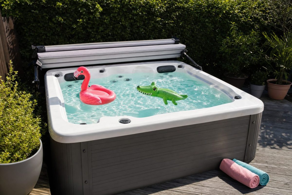 Hot tub with the cover off used as a small summer pool with inflatable toys floating in it