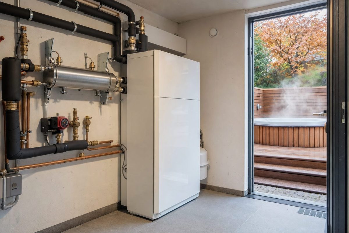 Ground source heat pump and heat exchanger in a plant room next to a garden hot tub