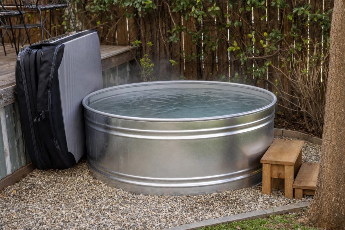 A round galvanised stock tank hot tub set on a gravel base beside a timber deck in a back garden