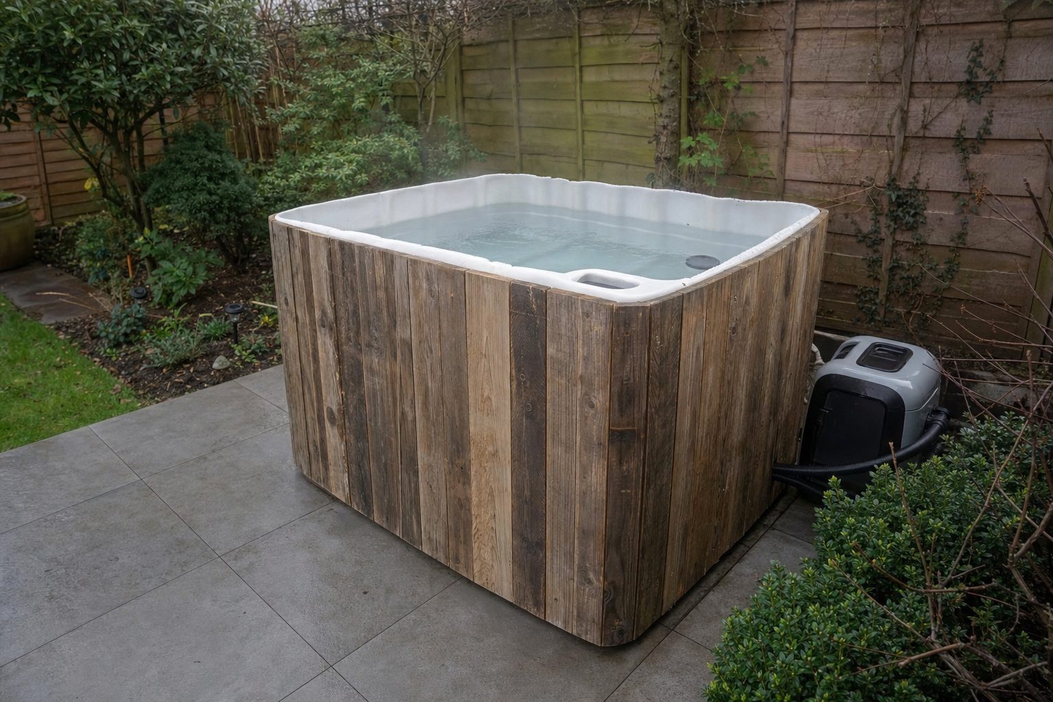 DIY pallet hot tub made from an IBC water tank clad in pallet wood in a back garden