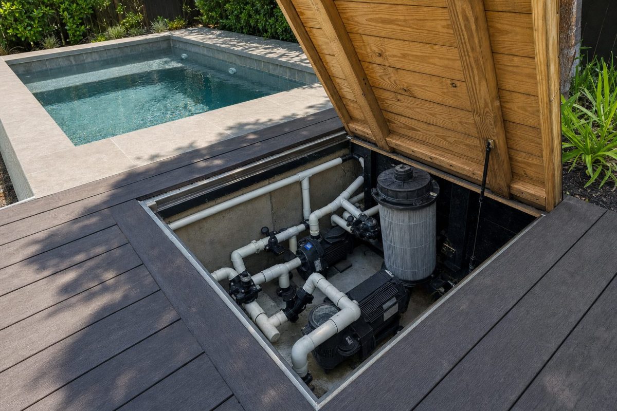 Open hatch of a sunken hot tub control room beside an in-ground hot tub, with pumps and pipework below the water line