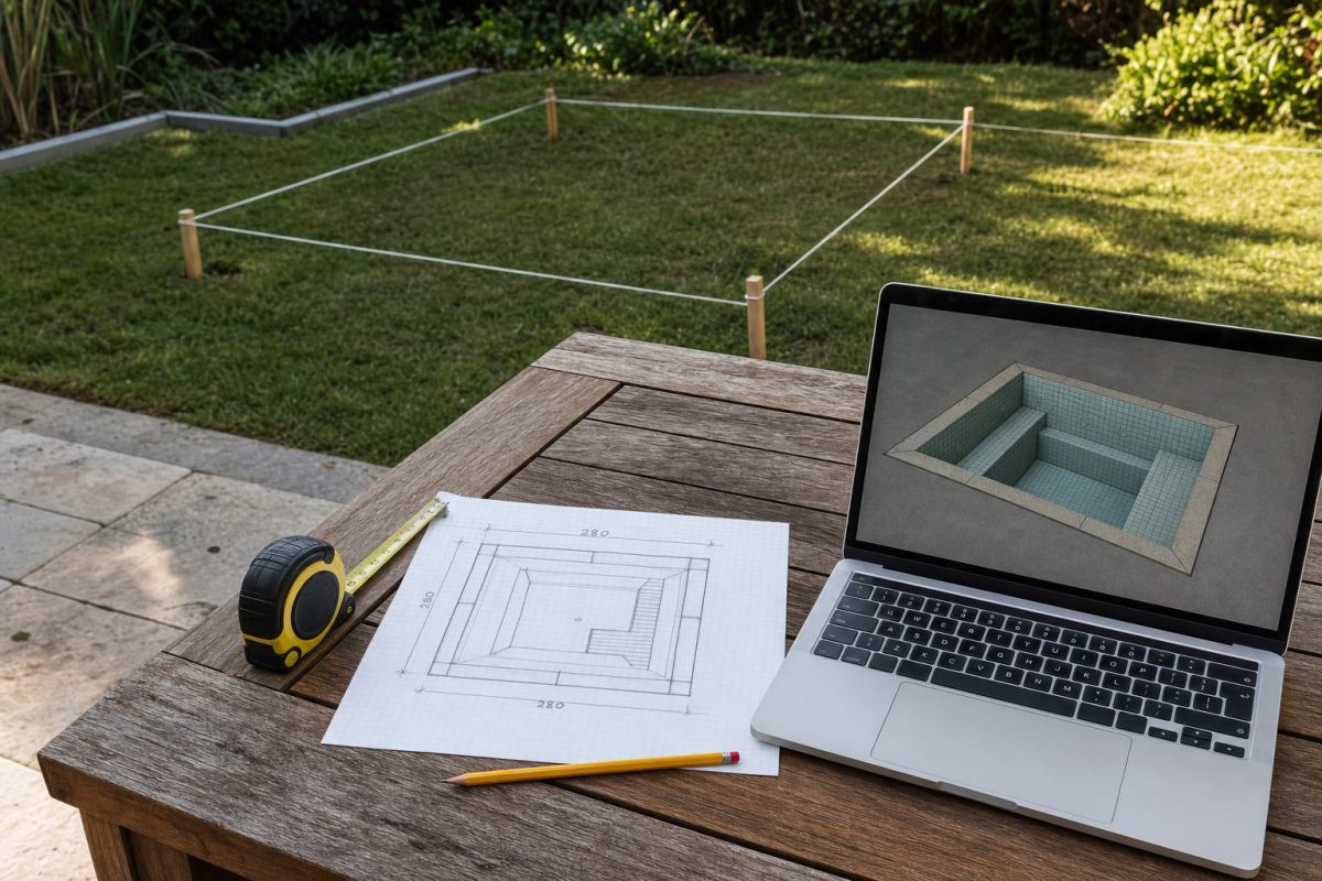 Hand-drawn hot tub sketch with measurements next to a laptop showing a 3D model of the same tub