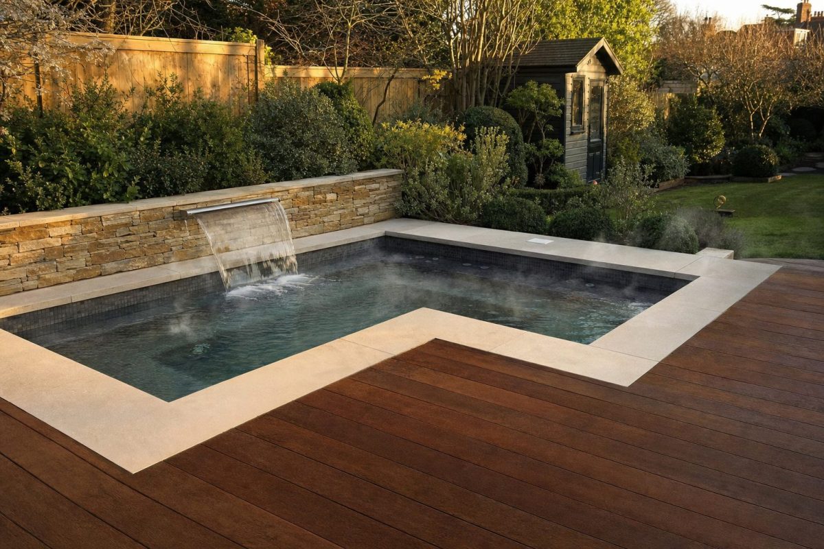 Custom L-shaped in-ground hot tub with a raised stone spillway and wooden deck in a back garden