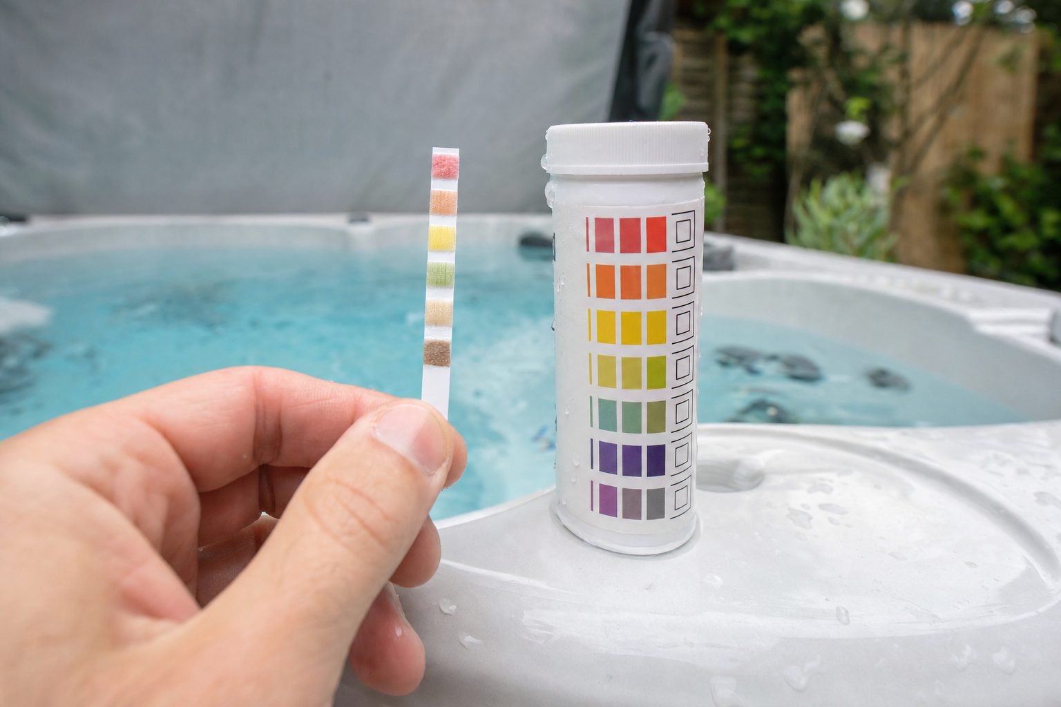 Hot tub test strip with a cyanuric acid pad held against the colour chart on the bottle beside a hot tub