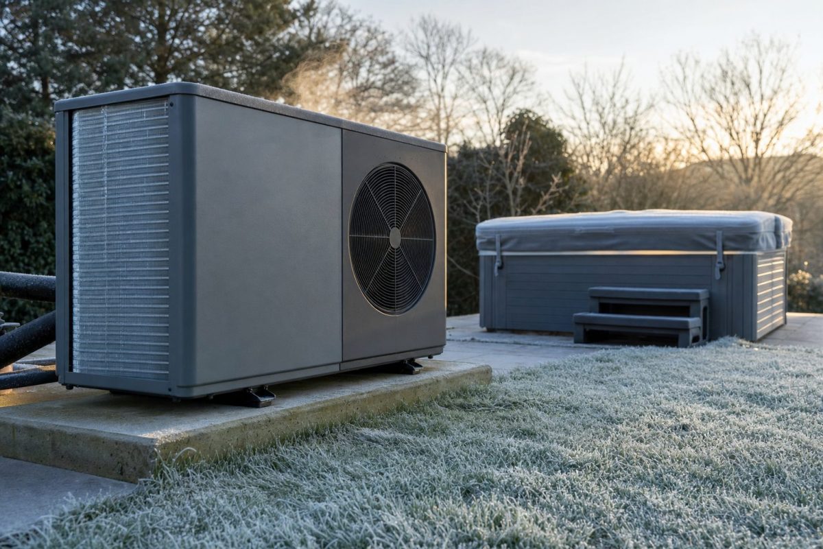 Air source heat pump with a frosted coil beside a hot tub on a frosty winter morning