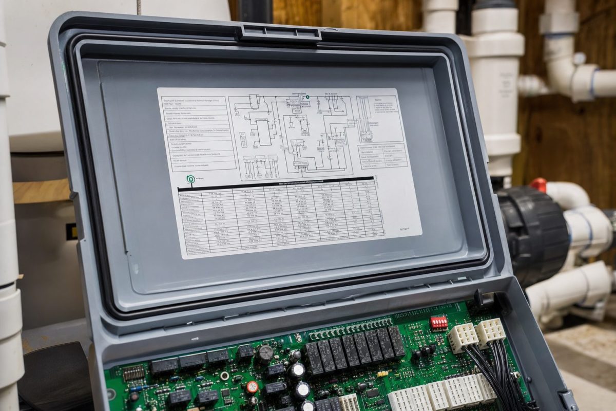 Wiring diagram printed inside a hot tub spa pack lid above the circuit board and DIP switches