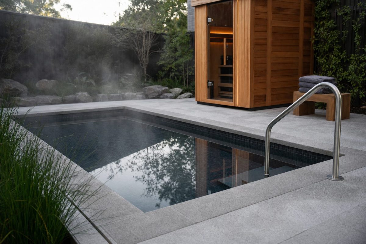 DIY in-ground cold plunge pool with dark tiles, stone coping and a stainless handrail in a garden