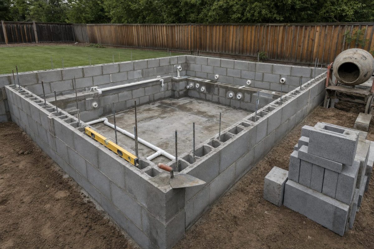 DIY in-ground hot tub under construction with reinforced block walls, plumbing and jet bodies in place