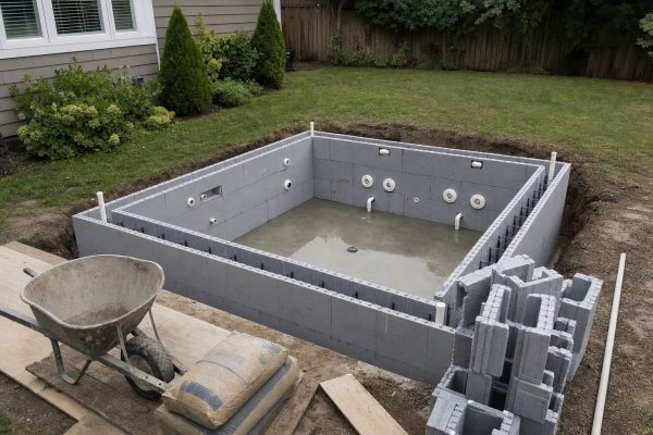 DIY in-ground hot tub under construction with ICF block walls, concrete base and plumbing fittings, showing where DIY hot tub cost goes