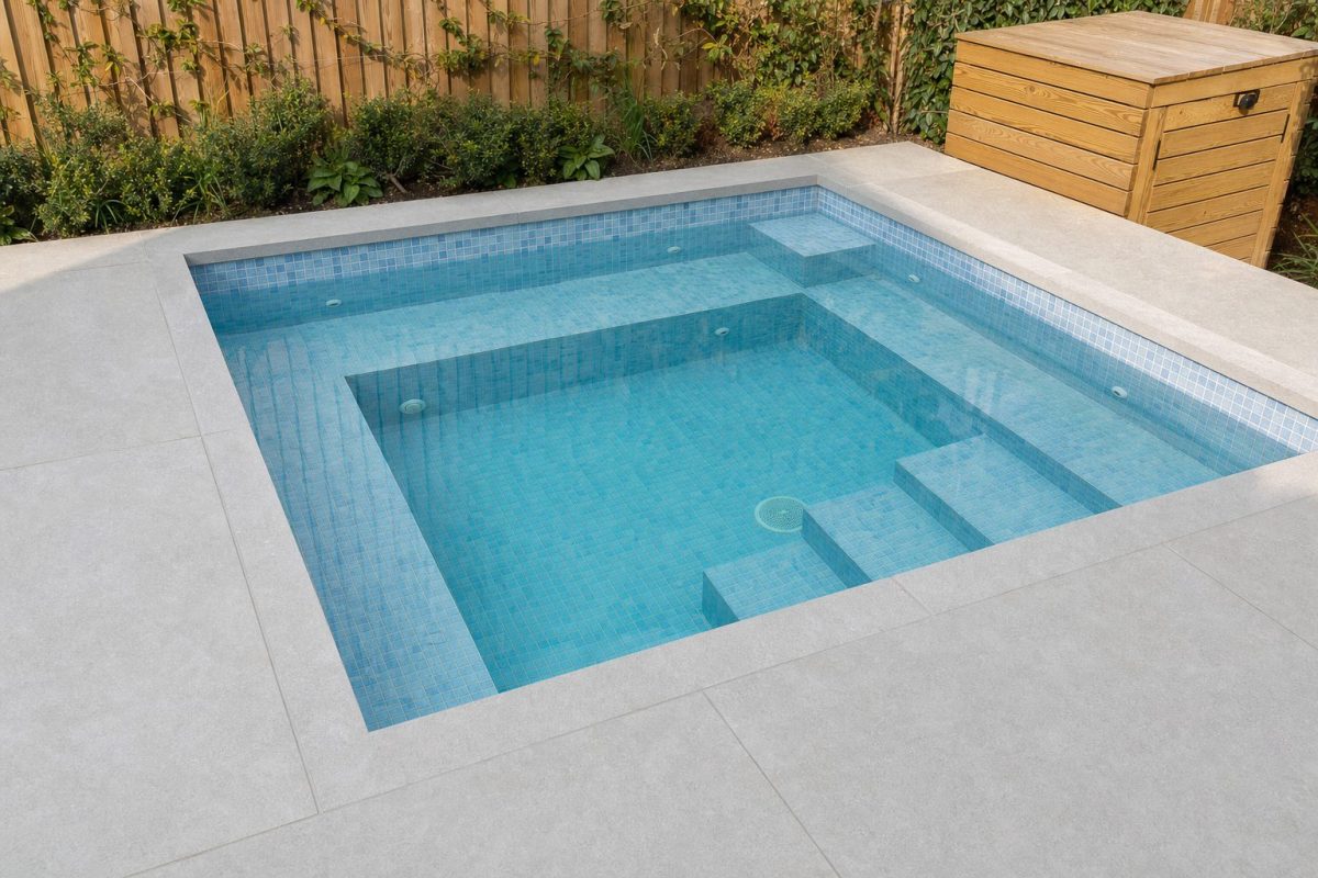 Newly finished square DIY in-ground hot tub with tiled bench seats, corner steps and a stone coping