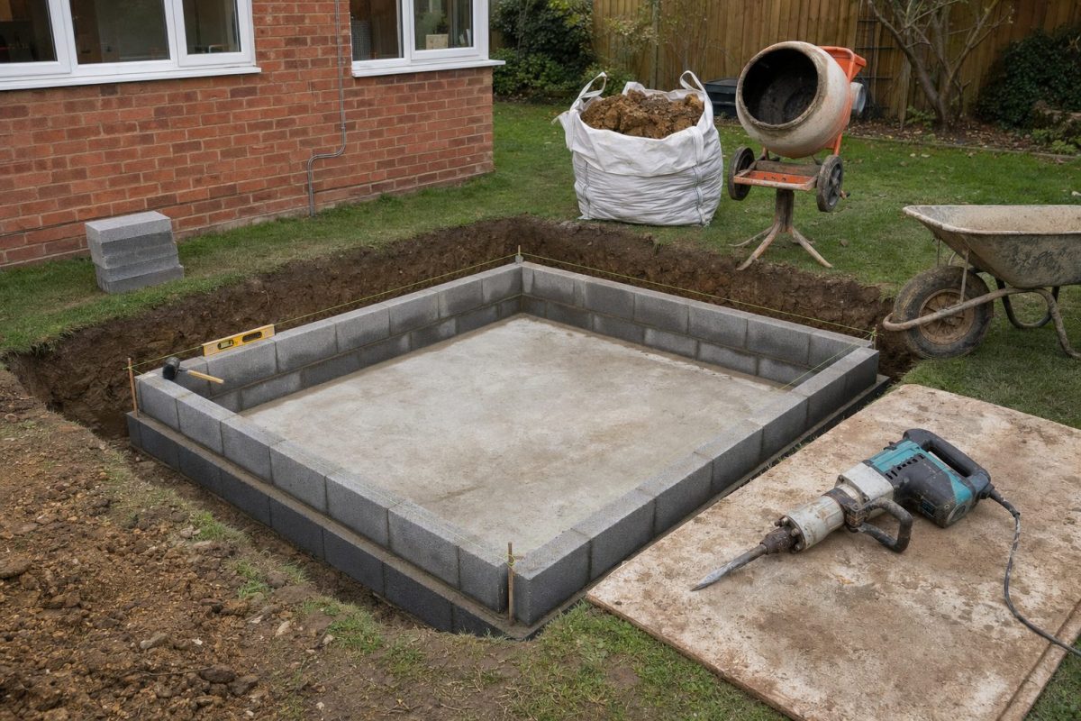 DIY in-ground hot tub under construction with concrete slab and first courses of blockwork
