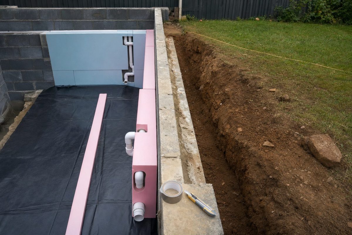 Rigid insulation boards fitted behind the block walls of a DIY in-ground hot tub under construction