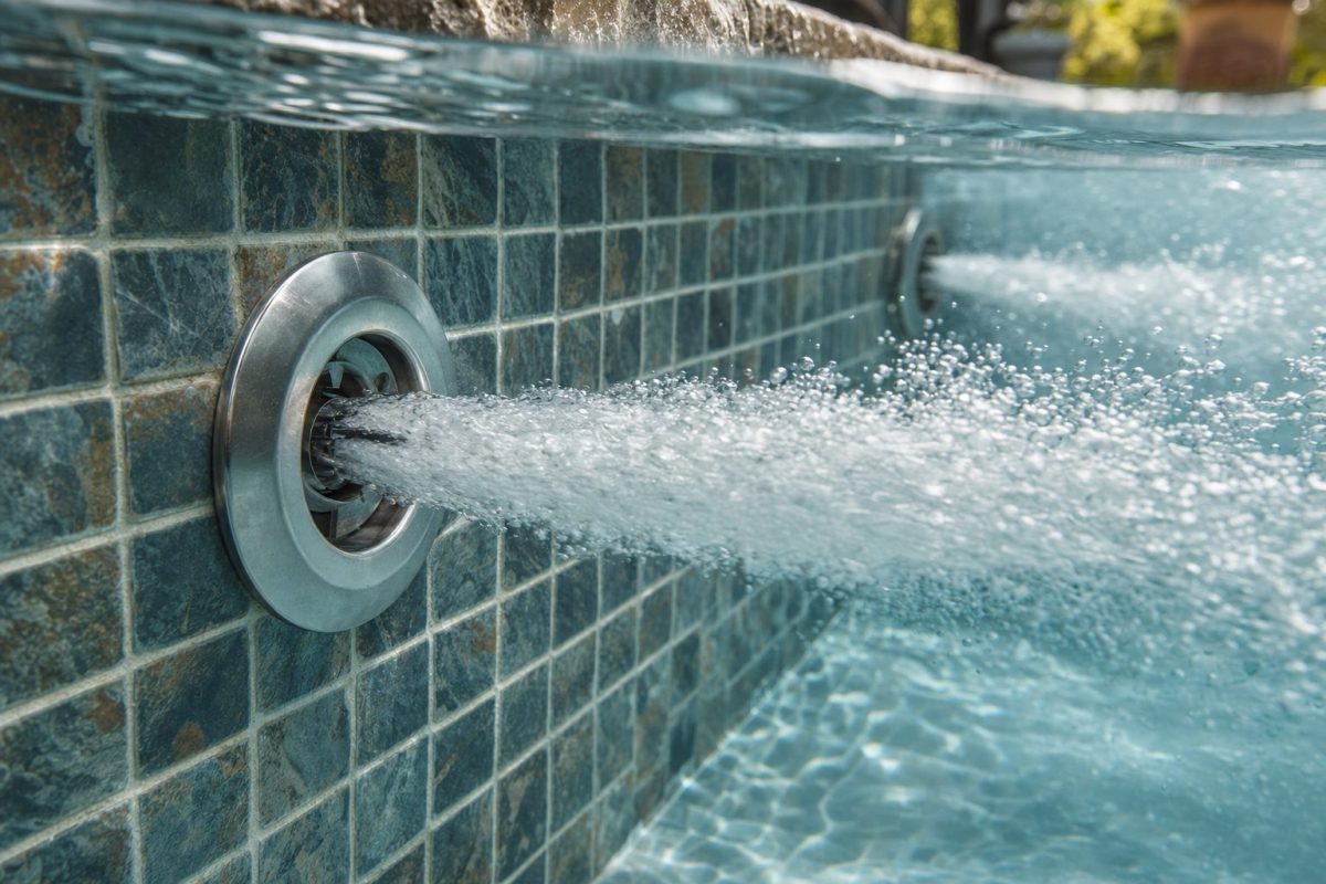 Close-up of a stainless gunite jet in the tiled wall of a DIY hot tub with bubbling water