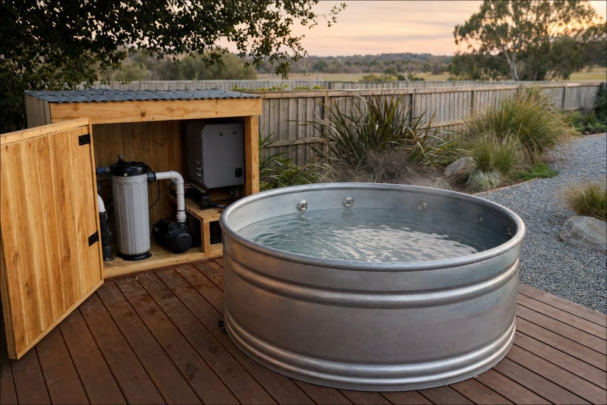 Galvanised stock tank hot tub with jets on a timber deck, beside a small wooden cabinet housing the pump, filter and spa pack