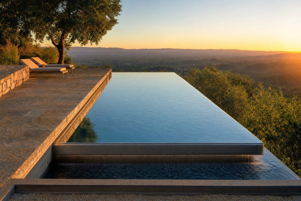 Concrete infinity pool with water spilling over the vanishing edge toward a distant view
