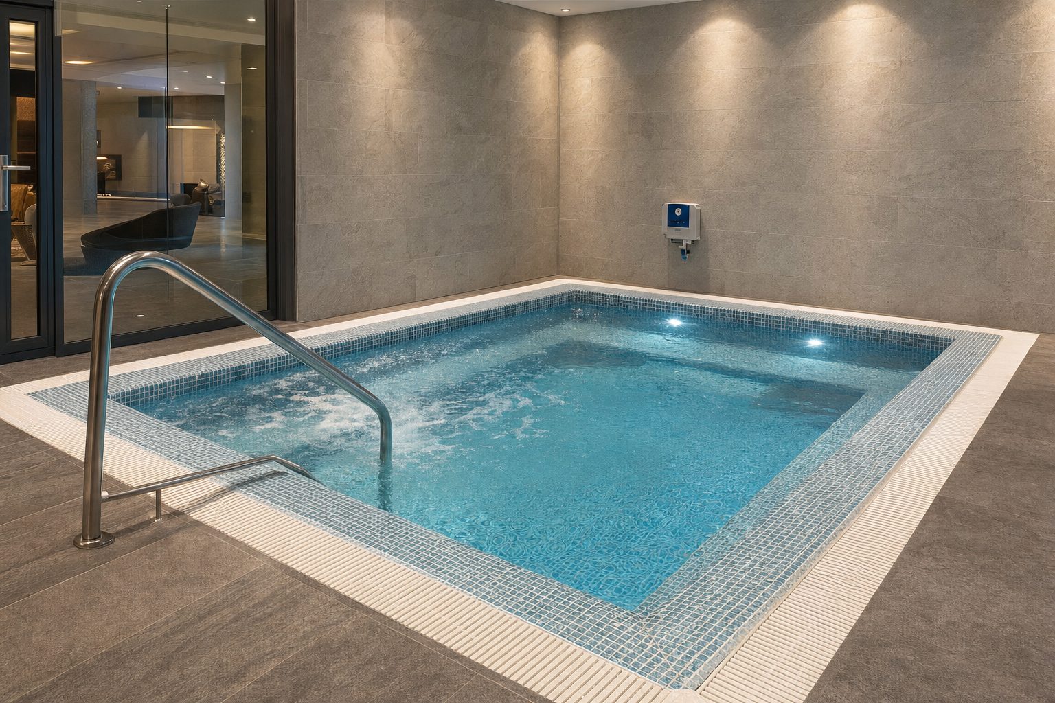 Commercial tiled spa pool with a deck-level overflow edge and grating in a hotel leisure suite