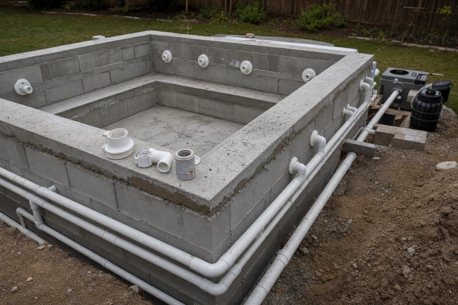 White PVC hot tub plumbing and gunite jet bodies set into the blockwork wall of a DIY in-ground hot tub