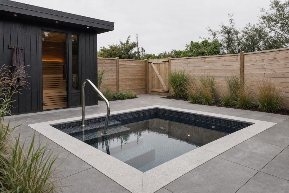 Small tiled DIY dipping pool with stone coping and steps in a garden