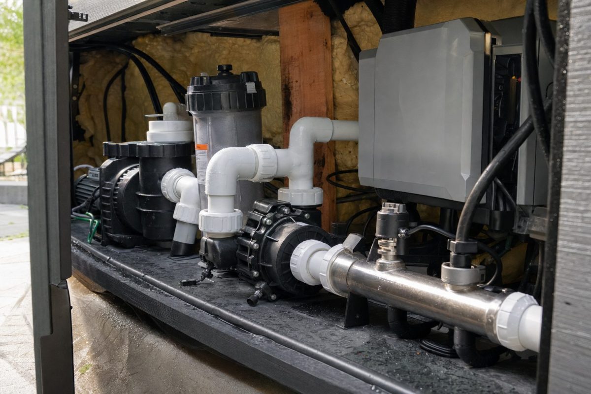 Open hot tub equipment bay with the pump, filter and heater that a FLO flow error points to